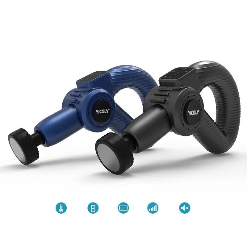 Black smart muscle massage gun with hot and ice compress modes and five massage heads