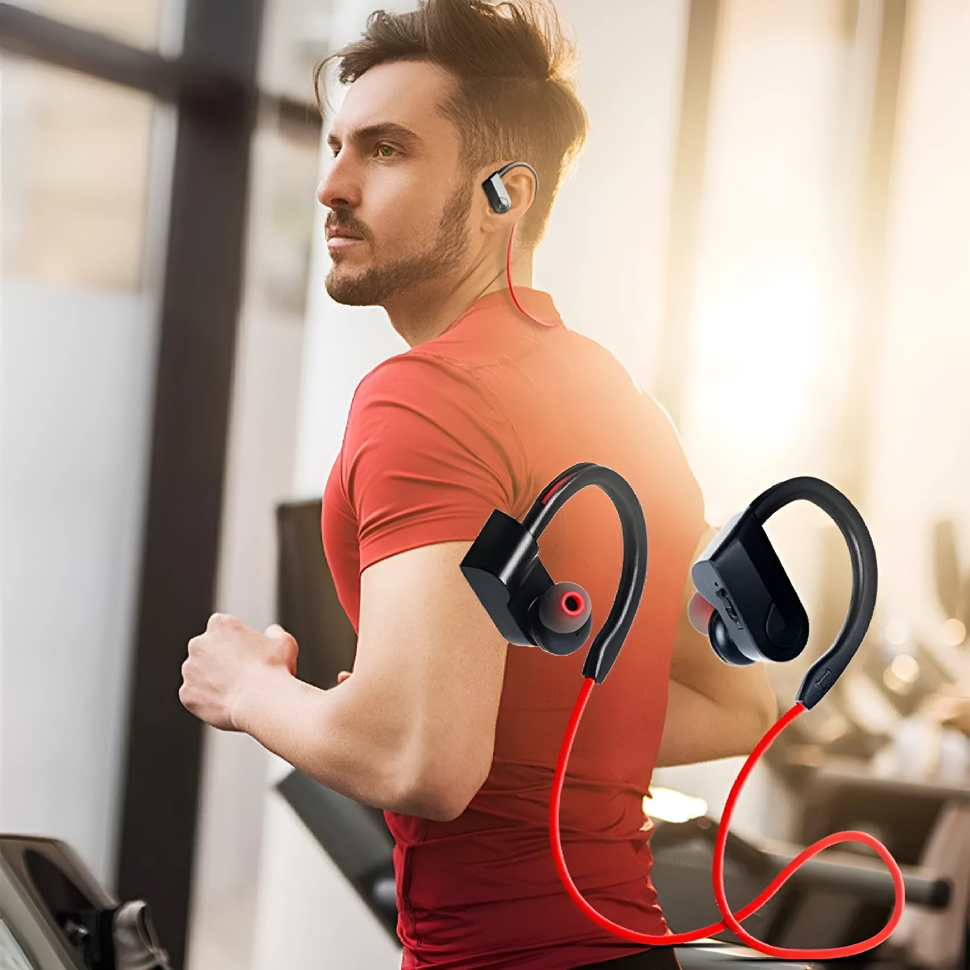 Wireless neckband Bluetooth earphones in black colour showing earpieces and neck-mounted design