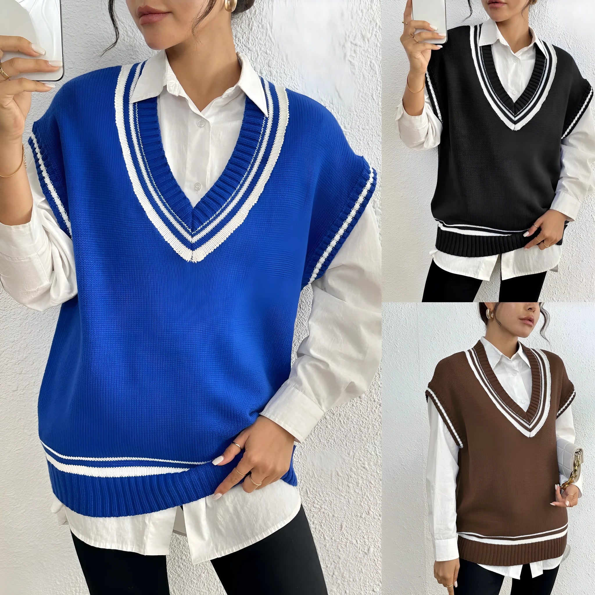 Loose fit blue women's vest sweater in college style, shown as a pullover on a hanger.