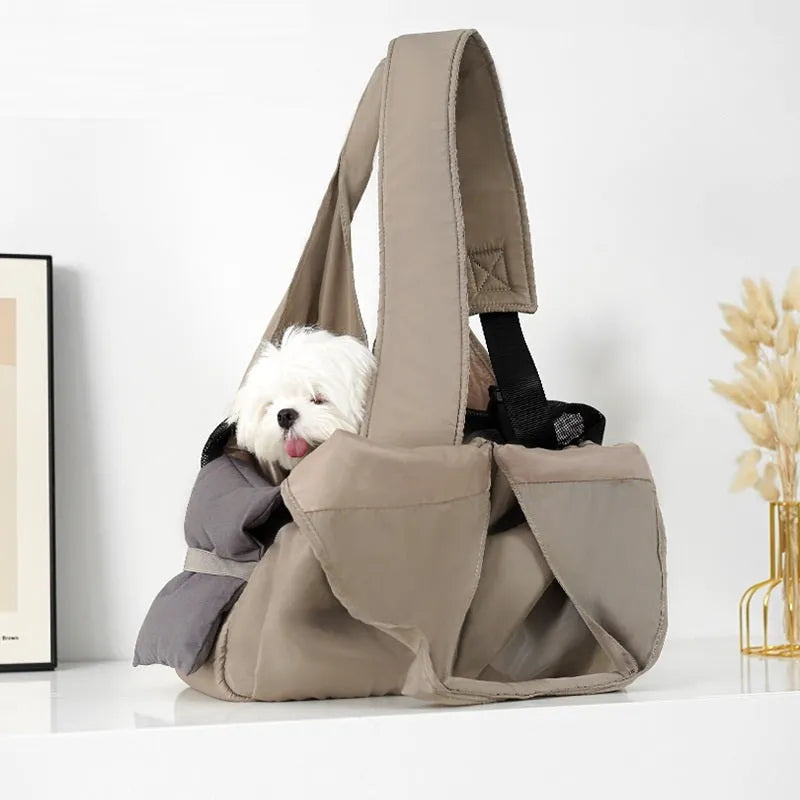 Apricot cloth pet handbag carrier for small dogs and cats with dimensions 41x16x28cm