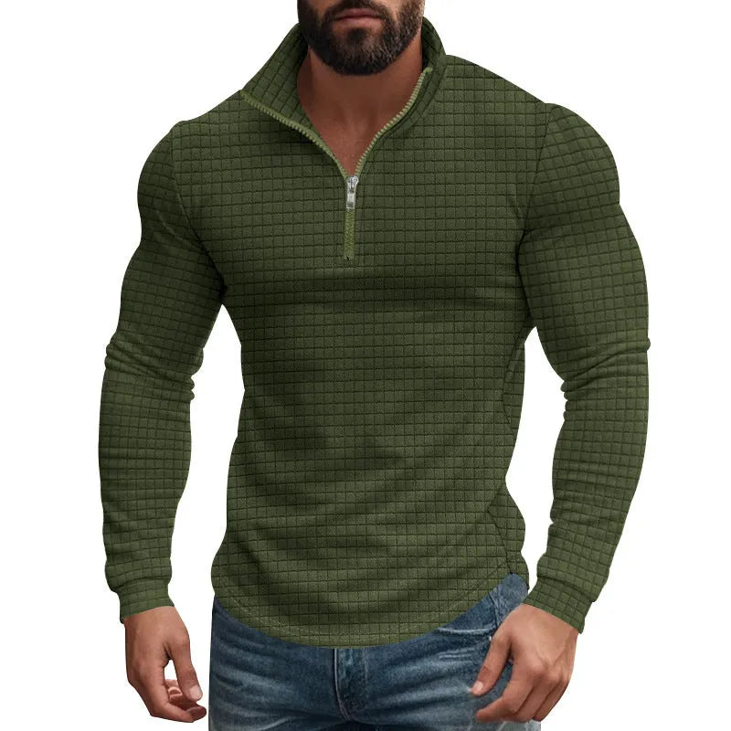 Half zip plaid pullover sweater with stand collar and long sleeves in white, black, wine red, army green, khaki or grey.