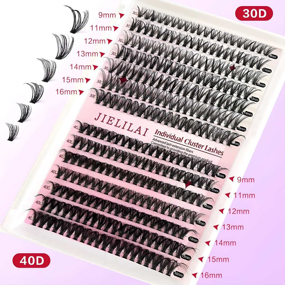 DIY cluster false eyelashes mixed package showing boxes of 30D and 40D high-grade fibre lashes in 9-16mm lengths with precision tweezers.