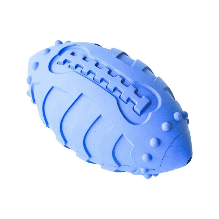 Sapphire blue rubber rugby ball dog toy with bite-resistant thickened construction.