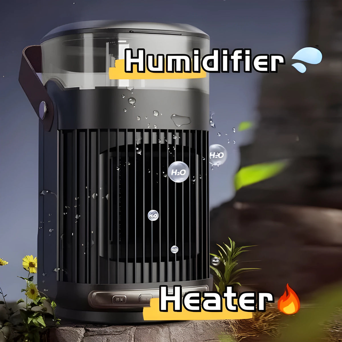 Black portable heater with humidifier showing front control panel and compact 24x13x13cm dimensions