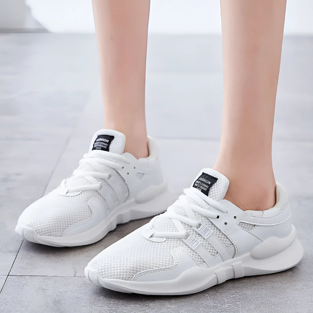 Women's low-top white mesh sneakers with hollow breathable design and casual round toe