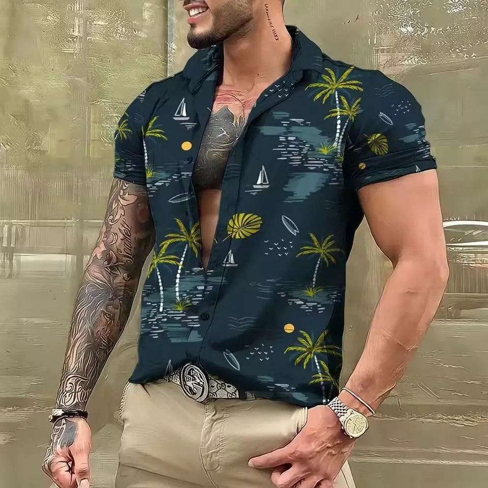 Man wearing a loose-fit short sleeve floral print shirt in a cardigan style on the beach.