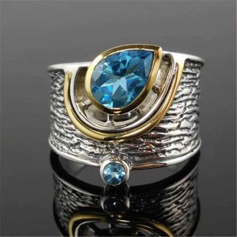 Blue drop-shaped zircon rhinestone Chinese style women's ring in alloy metal