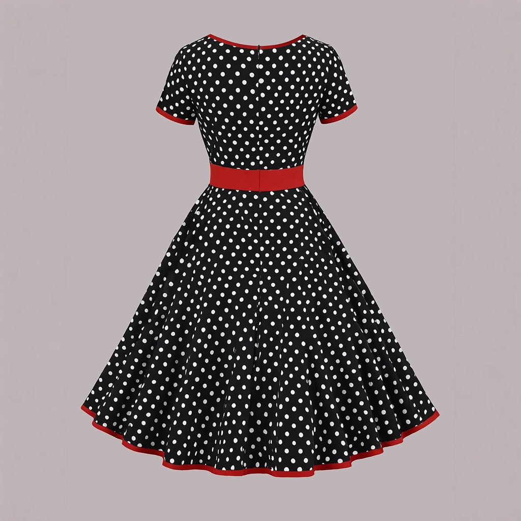 Polka dot square collar pleated dress with short sleeves in multicolour polyester fabric