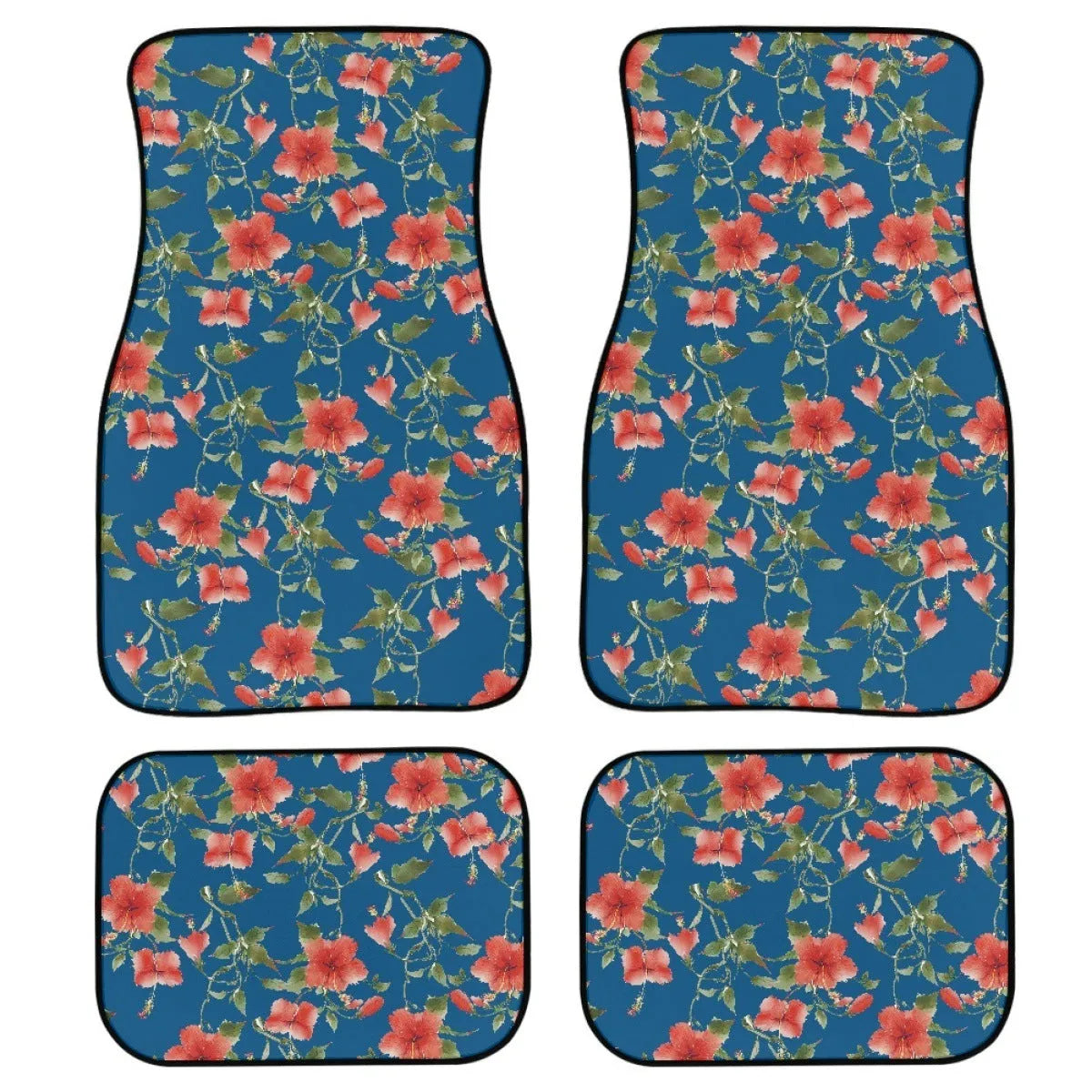 Black four-piece rubber car foot mat set with a textured surface.