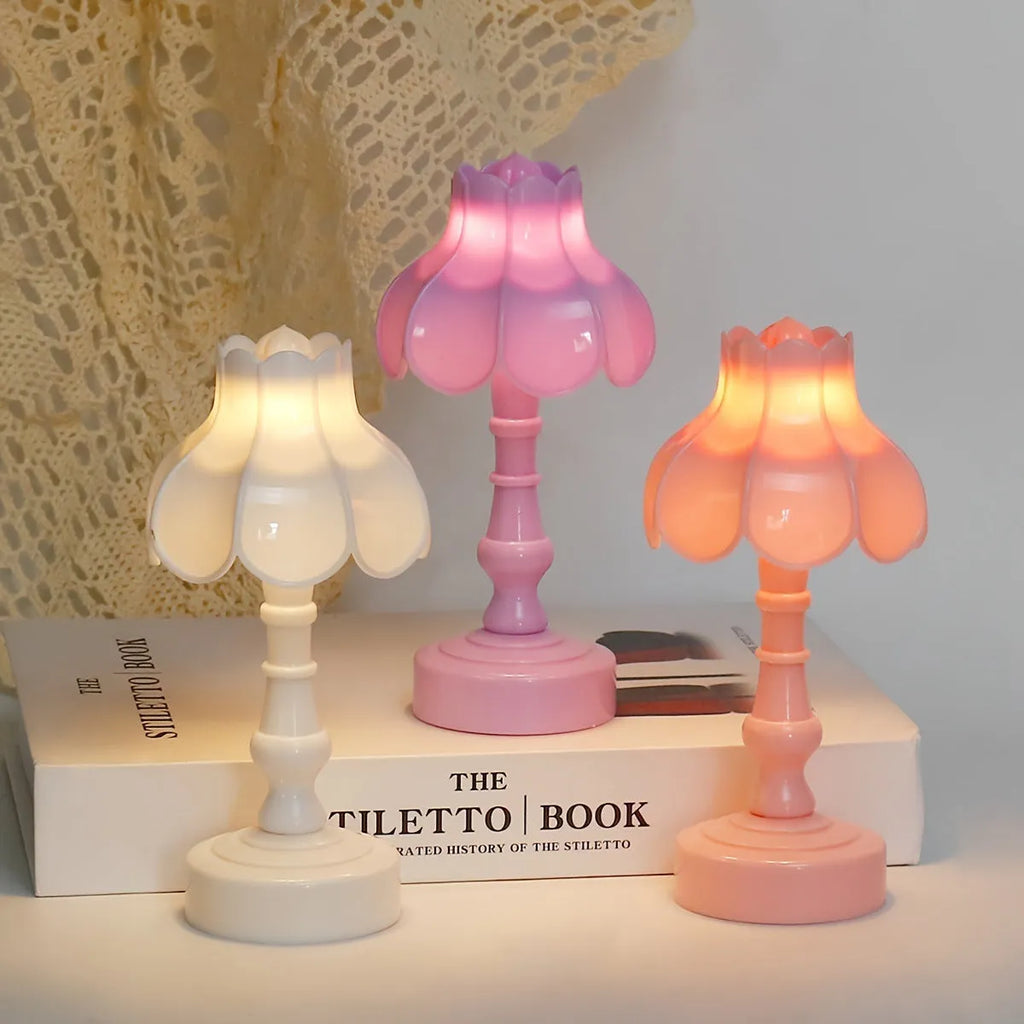 Retro pagoda shaped geometric night lamp in light purple colour with LED illumination