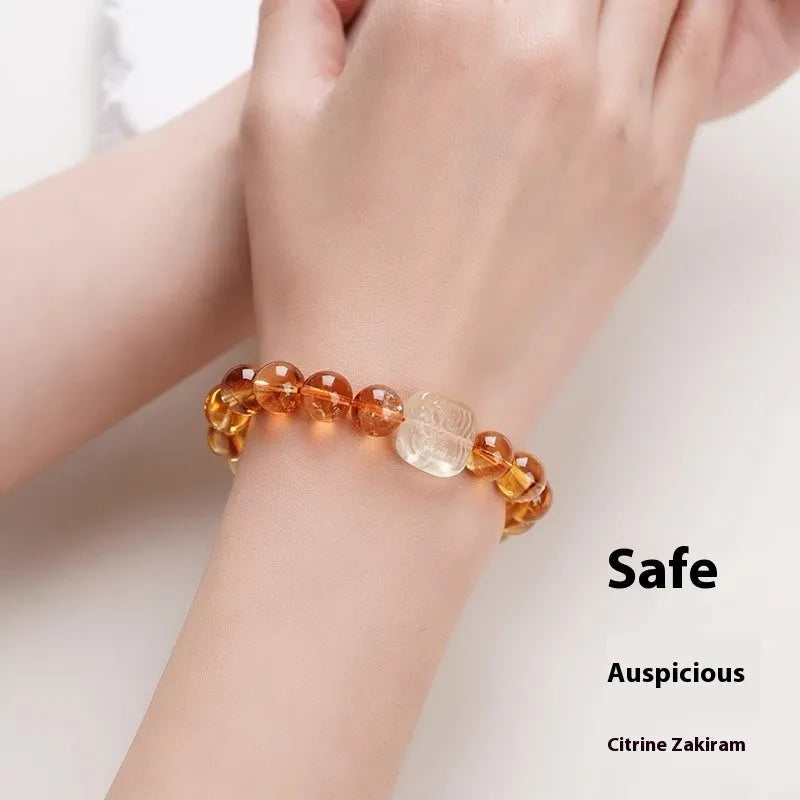 Women's carved citrine bracelet with 10mm geometric beads in ethnic national style