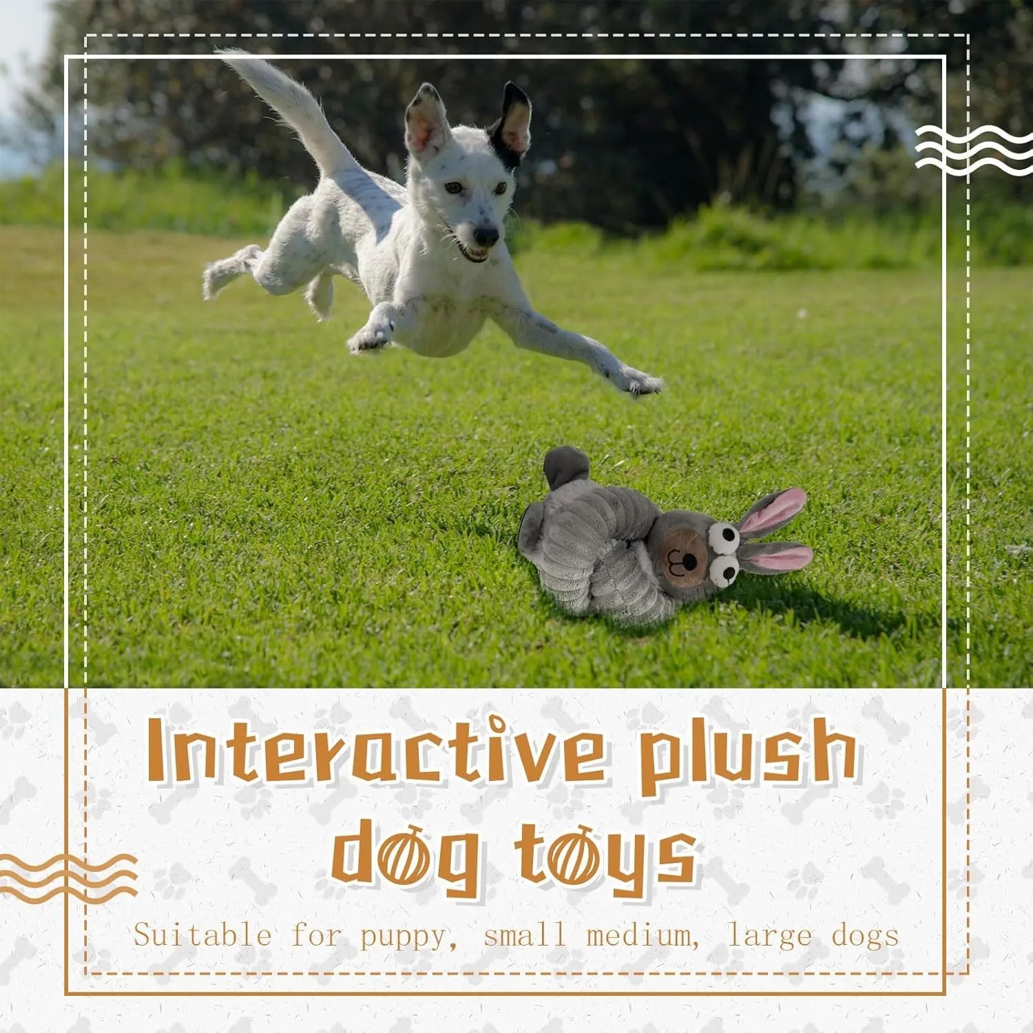 Brown, grey, and yellow plush dog toys with a foldable design for squeaky and crinkle play.