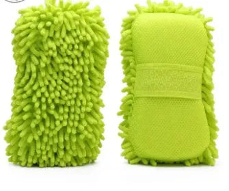 Silvery green chenille microfiber car wash sponge on a white background.