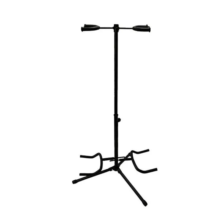Black iron vertical double-headed adjustable guitar stand holding two instruments
