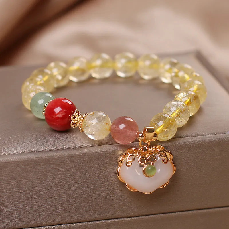 Women's natural citrine jade ruyi pendant bracelet with yellow hair crystal and alloy chain