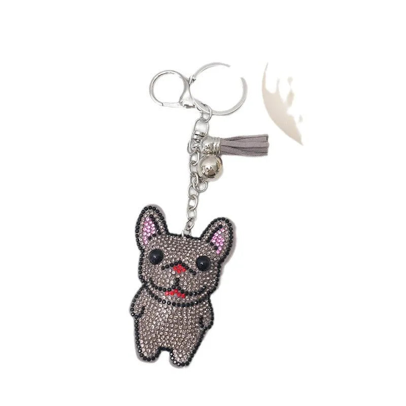Cartoon dog design rhinestone keychain pendant on alloy base in caramel colour