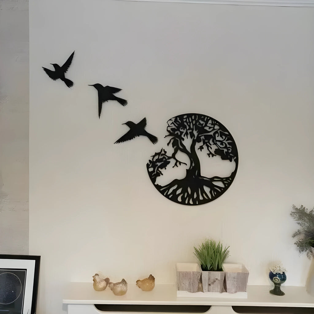 Black electroplated iron wall art hanging ornament with modern simple design, functioning as an indoor wind chime.