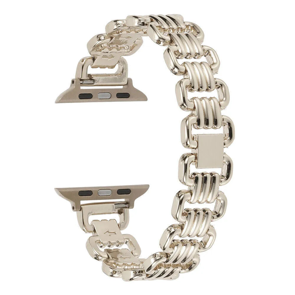 Alloy metal watch bracelet for Apple Watch in silver, black, gold, rose gold, and starlight colours on a white background
