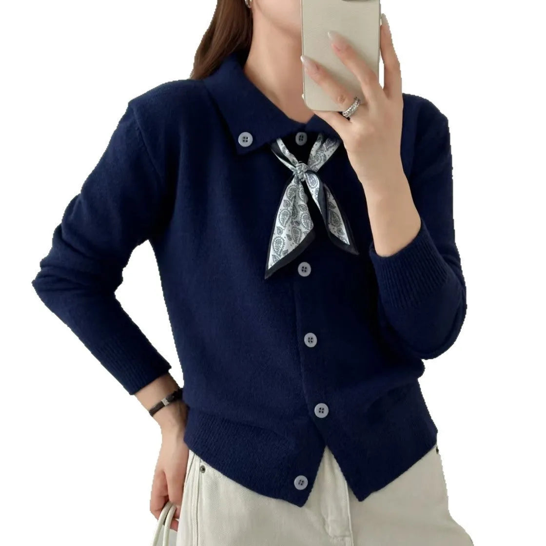 Women's lapel scarf collar acrylic cardigan sweater in milky white colour with long sleeves