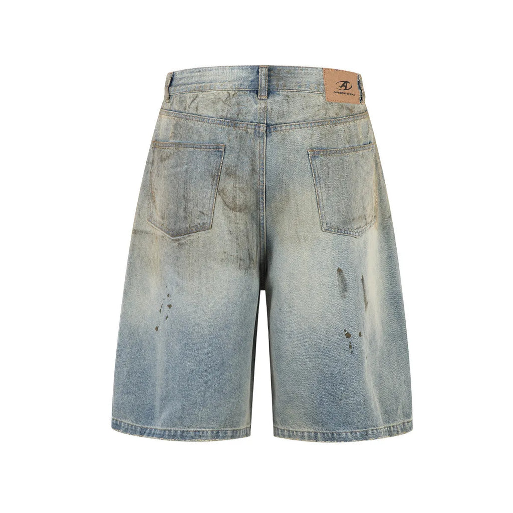 Blue washed cropped denim jeans with straight leg and zipper fly on mannequin