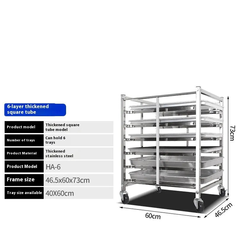 Six-layer stainless steel baking tray rack with lock, showing 40x60cm frame and removable tiers.
