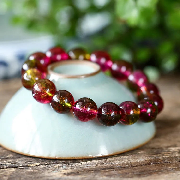 Women's handmade watermelon crystal bracelet showing pastoral casual style with adjustable sizing options
