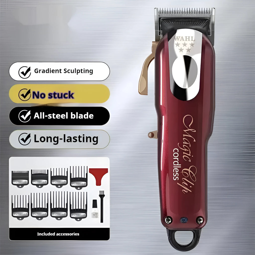 Charging hair clipper with stainless steel cutter head on a white background.