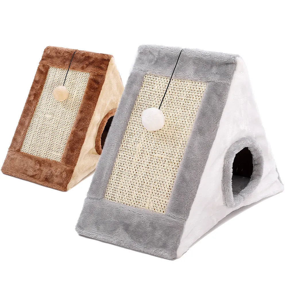 Triangular grey and white cat bed with integrated sisal scratching surfaces.