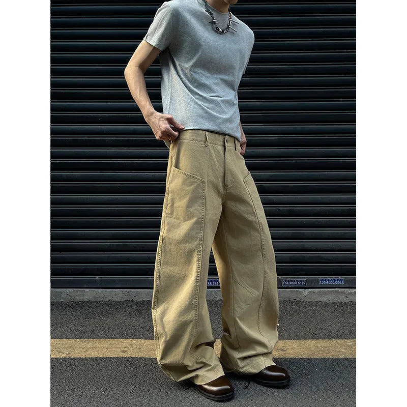 Men's khaki cotton straight-leg trousers laid flat showing solid colour design and casual styling