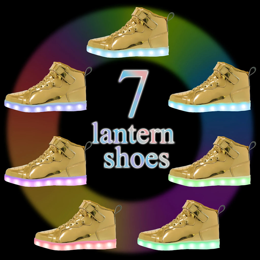 A pair of black high-top LED light-up board shoes with a Velcro strap, showing the illuminated soles.