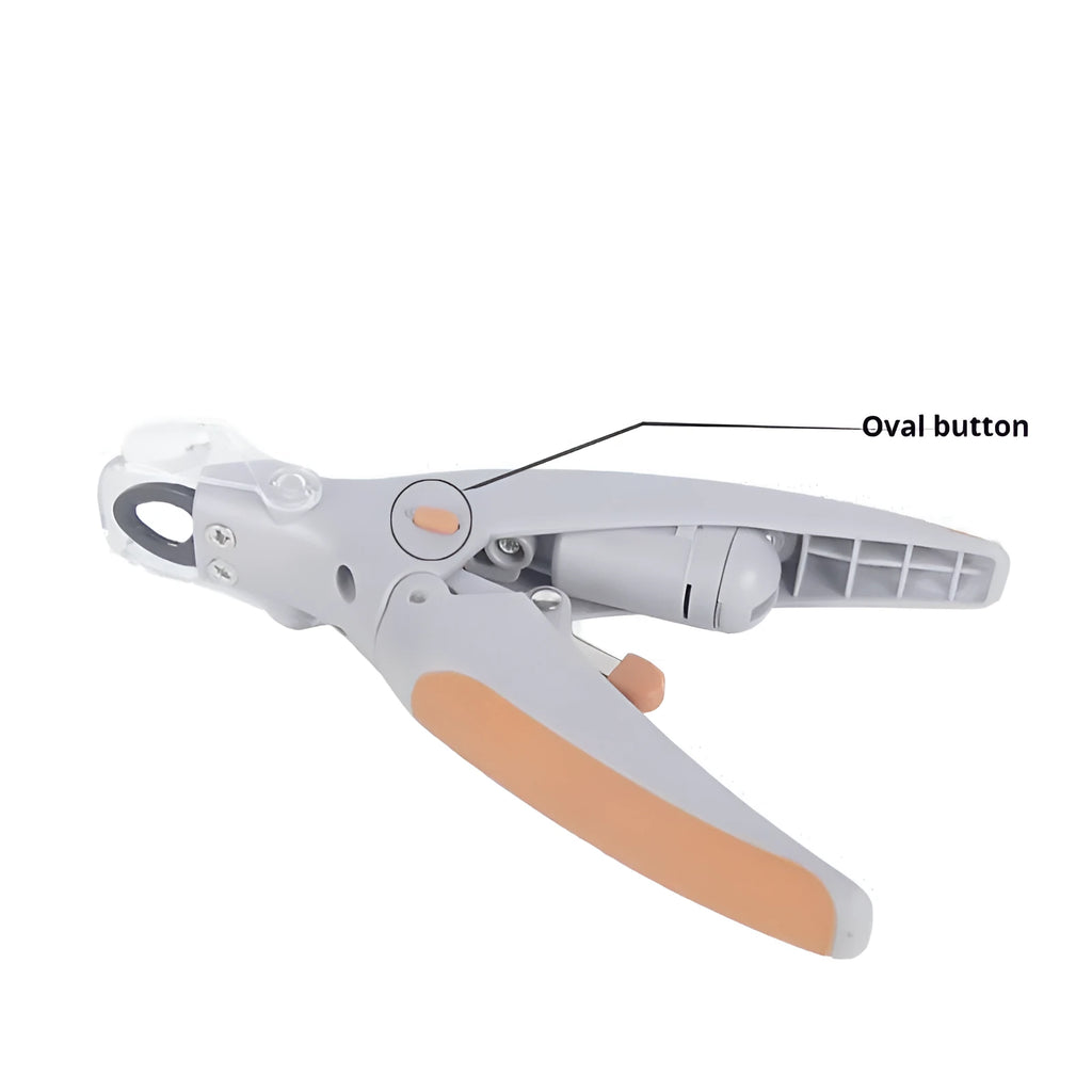 ABS plastic dog nail clipper with light on and imitation blood line guide visible on cutting head.
