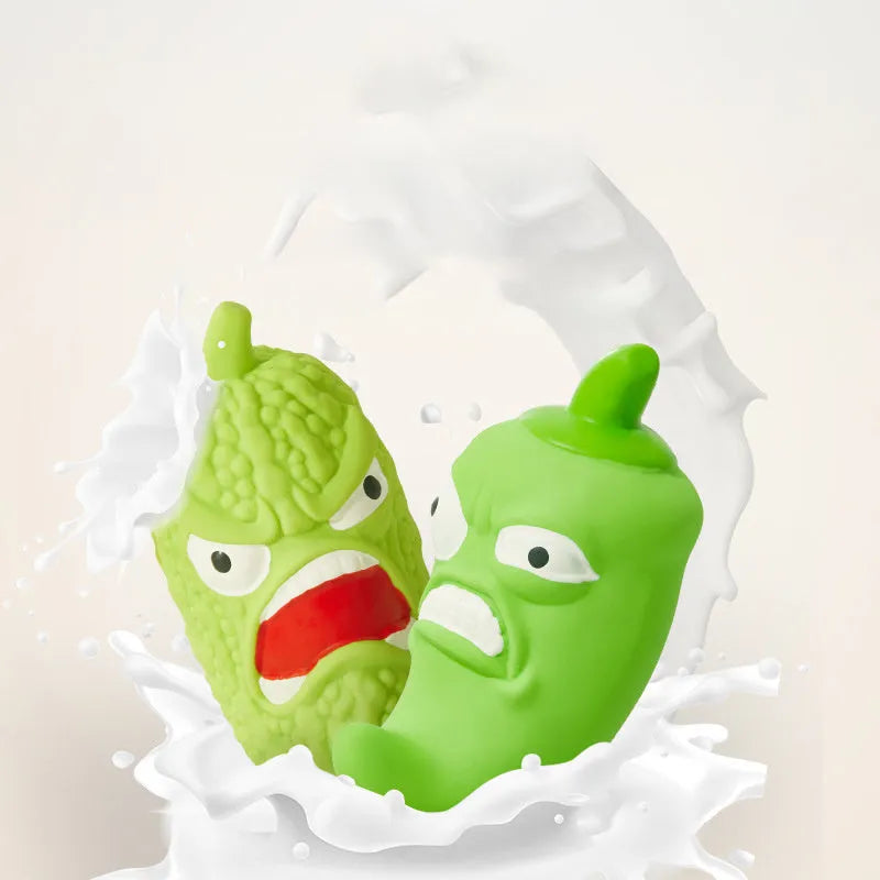 Bitter melon and chilli shaped dog chew toys with squeakers for dental care and boredom relief