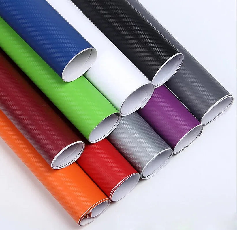 Roll of 3D carbon fibre sticker for car decoration in various colours, measuring 30cm by 127cm