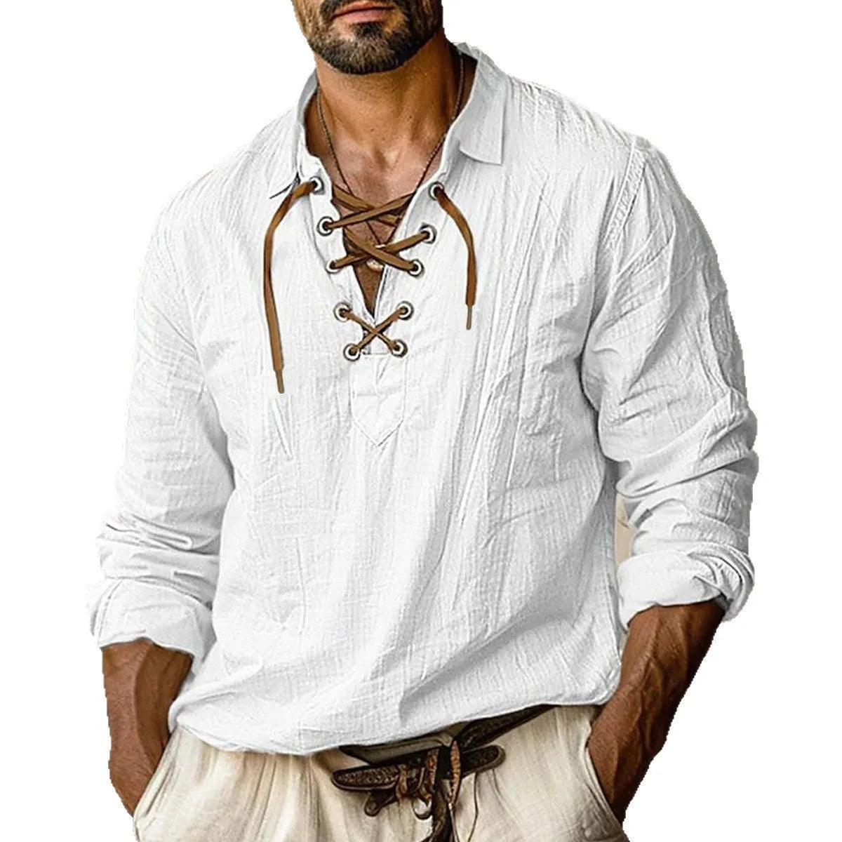 Men's loose fit blue linen blend shirt with lace-trimmed lapel collar and long sleeves.
