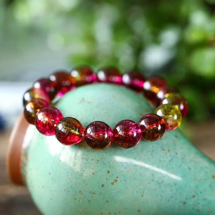 Women's handmade watermelon crystal bracelet showing pastoral casual style with adjustable sizing options
