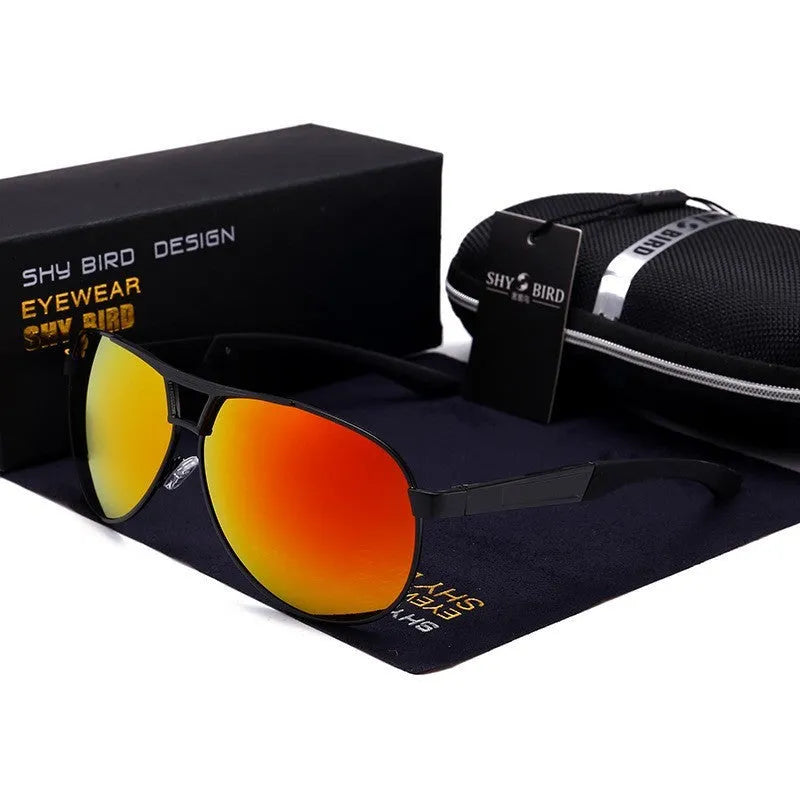 Men's orange red polarised aviator sunglasses with metal frame and TAC lenses.