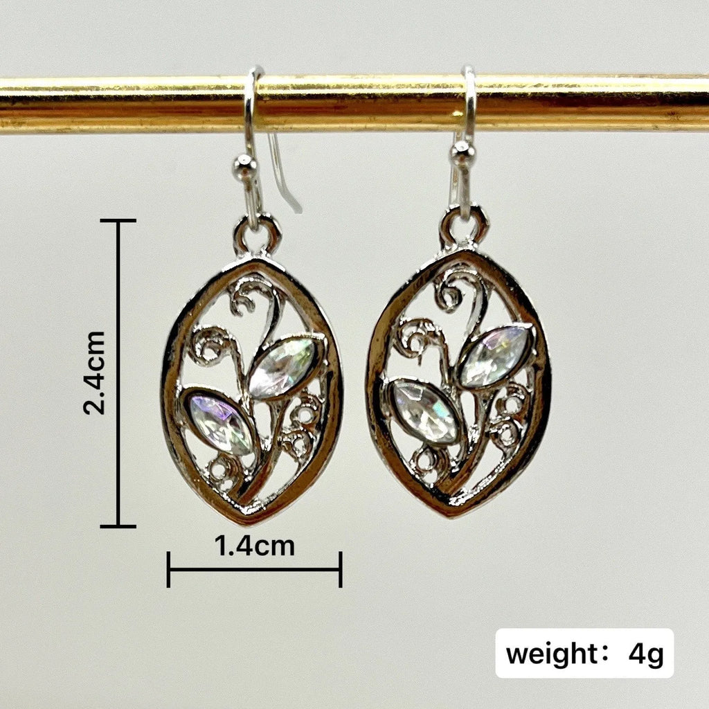 Silver leaf-shaped women's earrings with embedded colourful moonstones on alloy backing