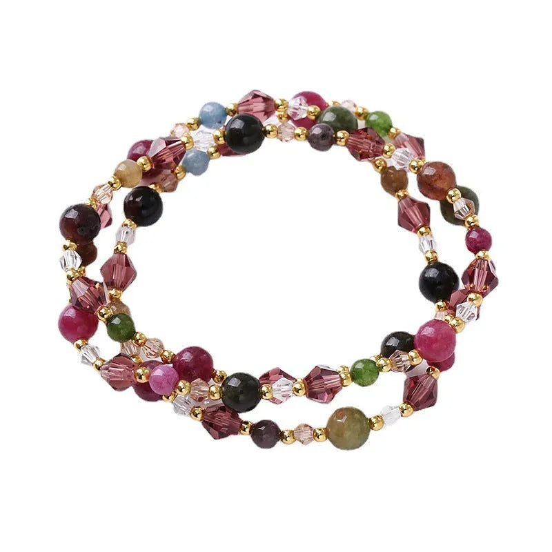 Women's adjustable three-ring bracelet with tourmaline, strawberry quartz, or amethyst gemstones and crystal beads