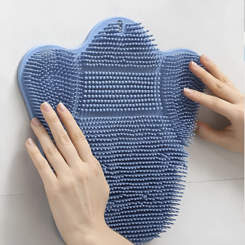 Blue silicone bath massage mat with raised nodes for back rubbing, measuring 31cm by 32cm