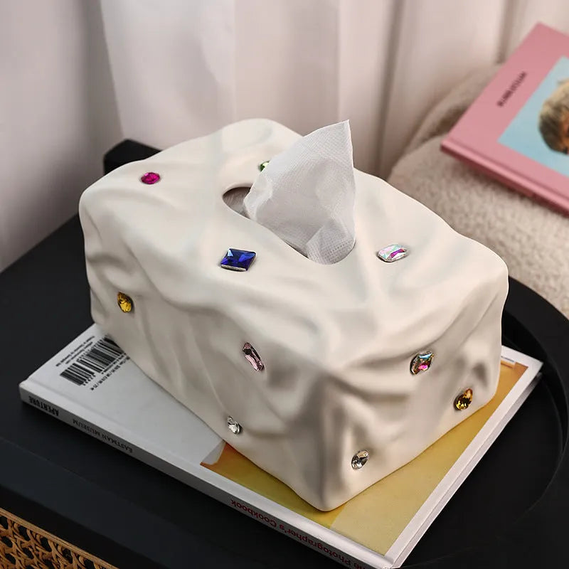 Gem party design ceramic tissue box in matte coconut milk white and matte silver electroplated finishes