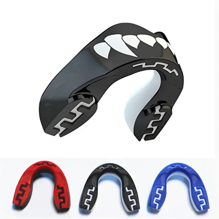Adult boxing mouthguard with printed tooth socket design for martial arts protection in three colour options