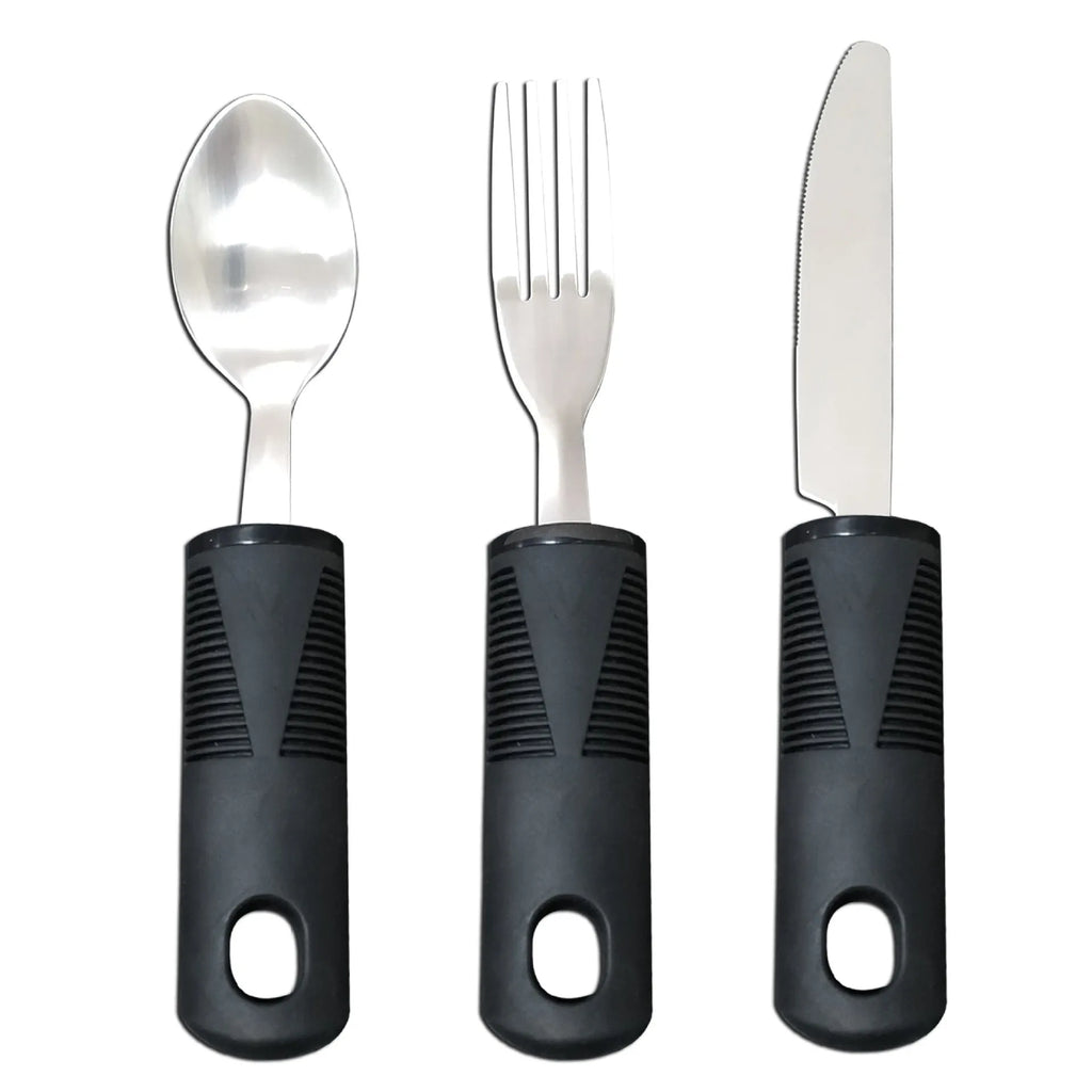 Stainless steel adaptive knife, fork, and spoon set with black rubberised easy-grip handles.