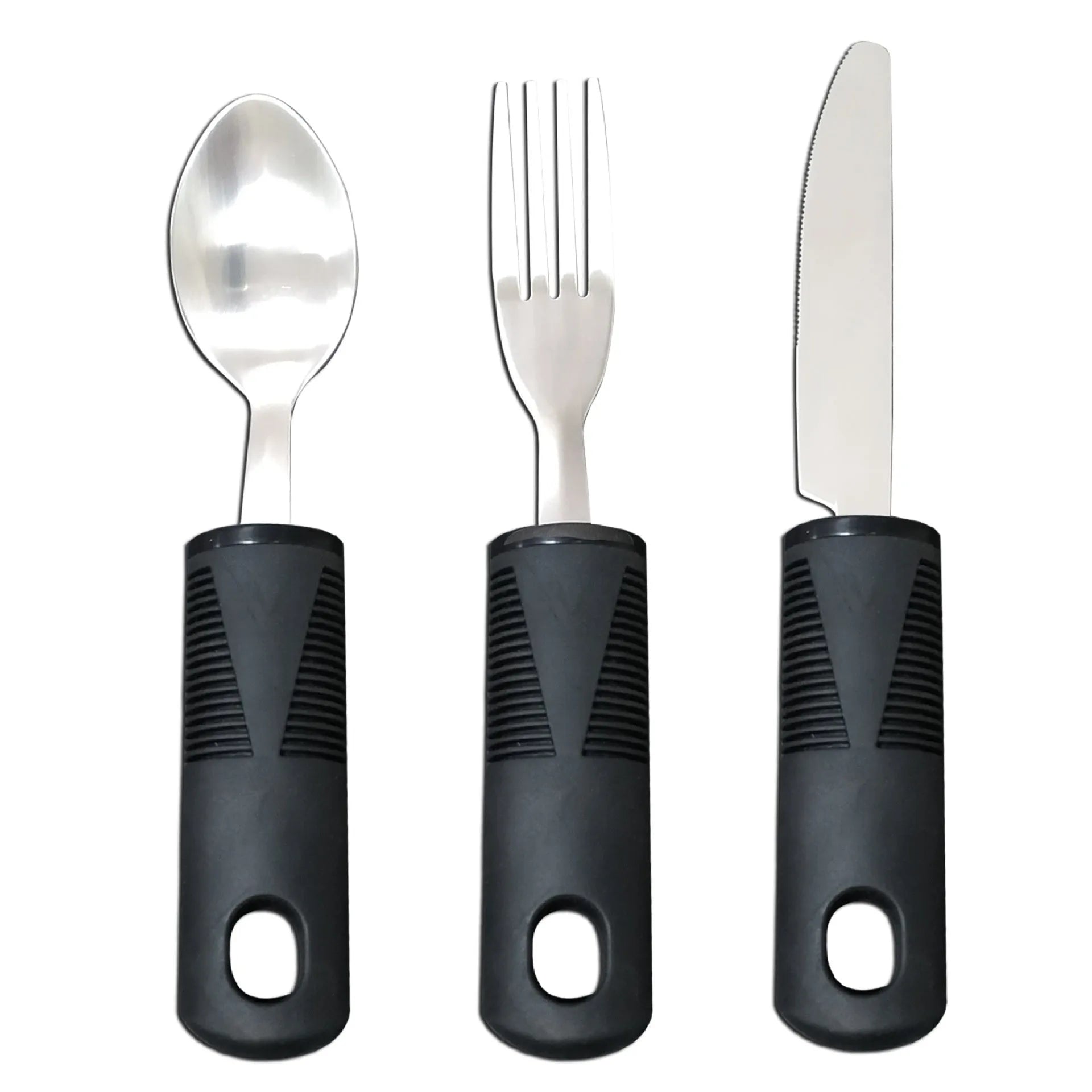 Stainless steel adaptive knife, fork, and spoon set with black rubberised easy-grip handles.