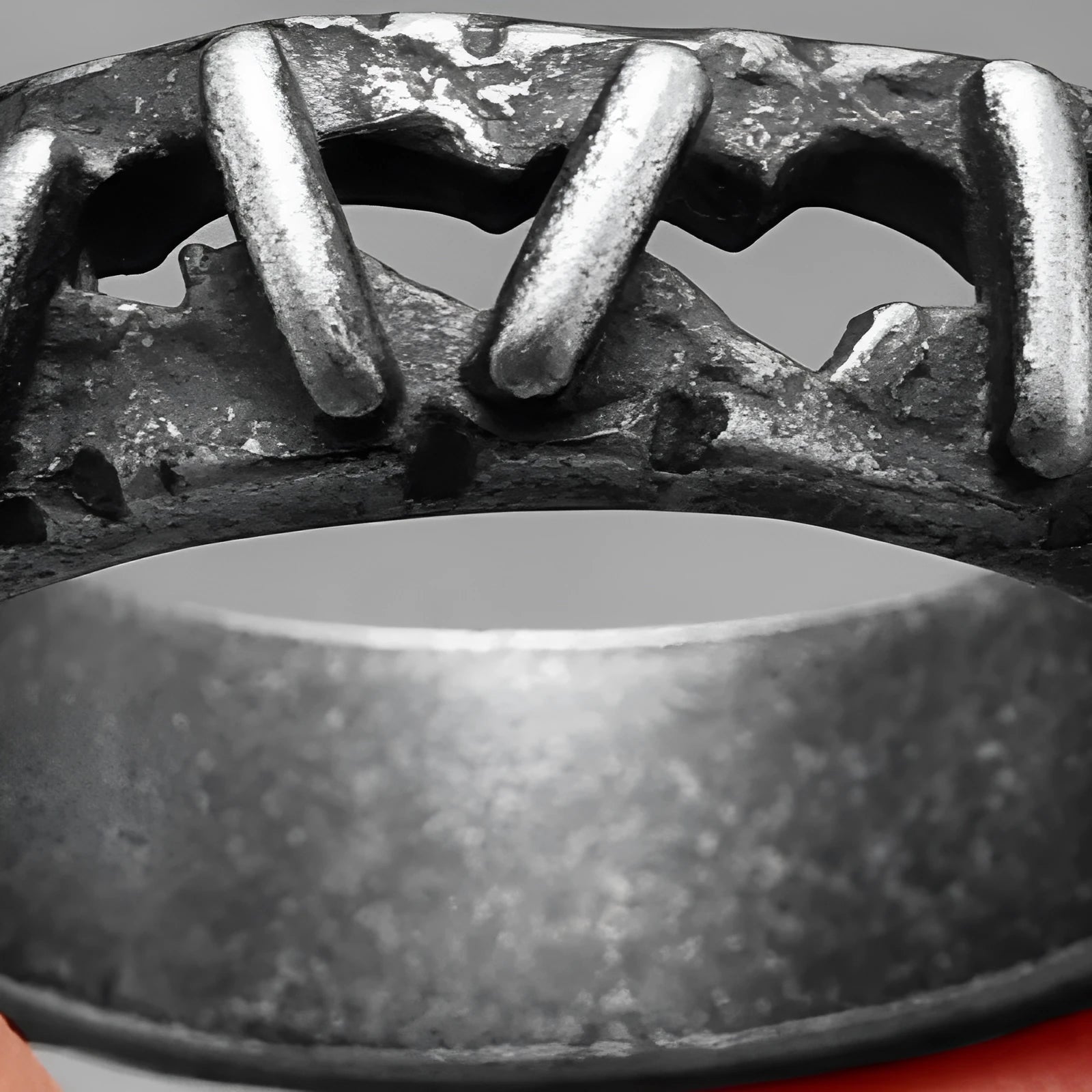 Dark stainless steel double ring with punk stitching pattern, shown in UK size range 7 to 15.