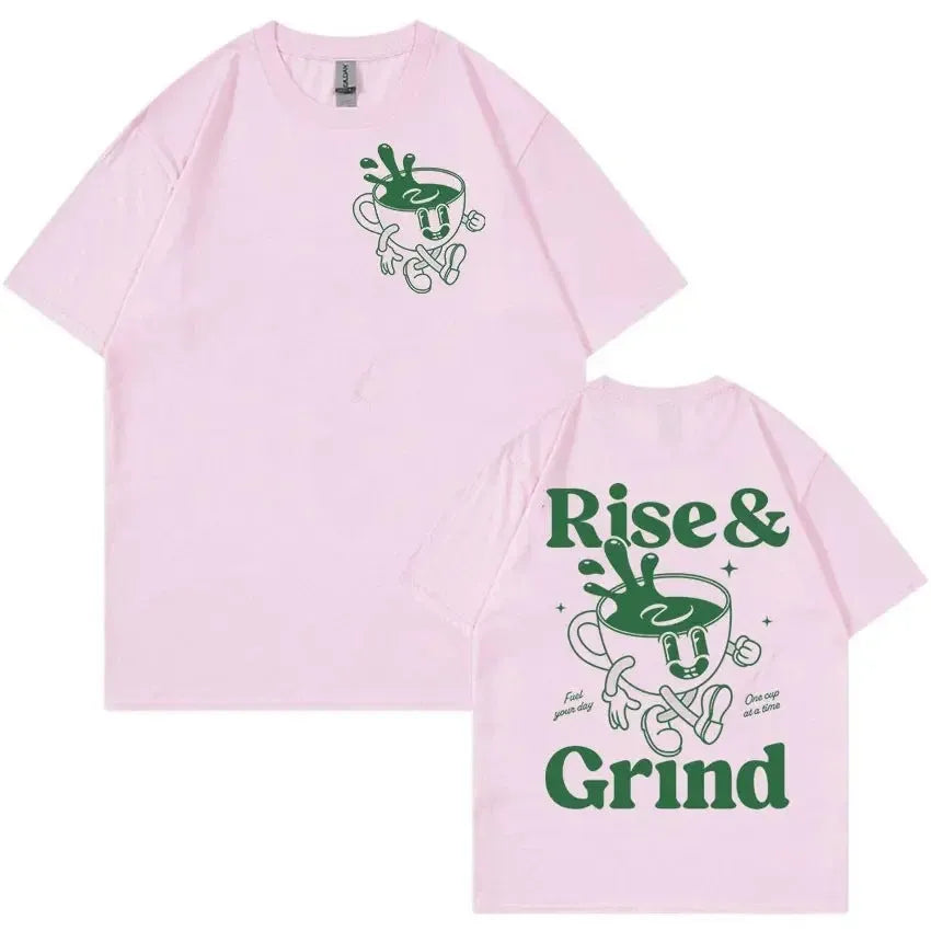 Loose fit linen T-shirt with Rise And Grind green coffee bag cartoon print, shown in multiple colours.