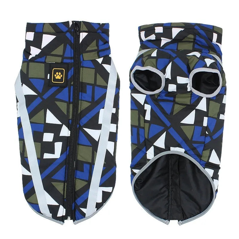 Large dog wearing reflective waterproof winter jacket in geometric blue colour