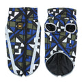 Large dog wearing reflective waterproof winter jacket in geometric blue colour