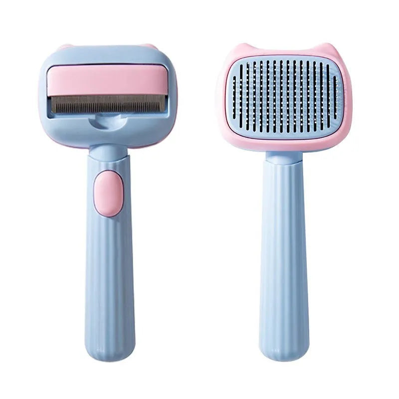 Blue and green dual-sided pet grooming brush showing deshedding rake and dematting comb.