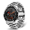 Smart watch with stainless steel wristband and 1.3 inch touch screen display in black or silver colour