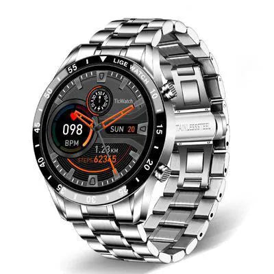 Smart watch with stainless steel wristband and 1.3 inch touch screen display in black or silver colour